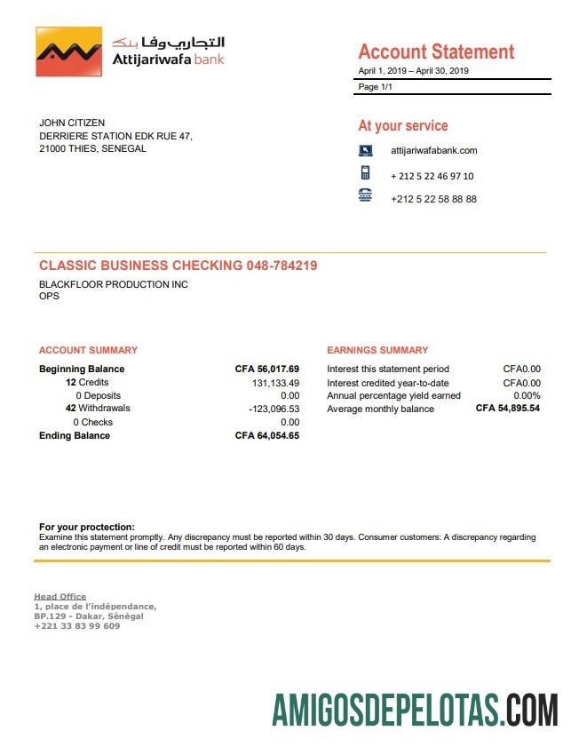 Modelo realista de comprovante de endereço do Banco Attijariwafa do Senegal em formato Word e PDF